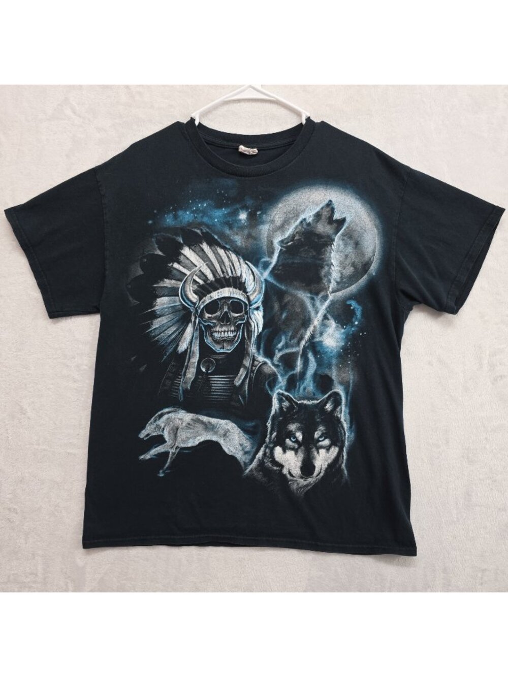 Vtg Wolf Howling At The Moon Native Indian Chief Warrior Skeleton Shirt Size L